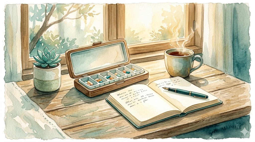Soft watercolor painting of a morning desk with pill organizer, journal, and tea beside a teal plant, representing steady medication adherence for bipolar disorder