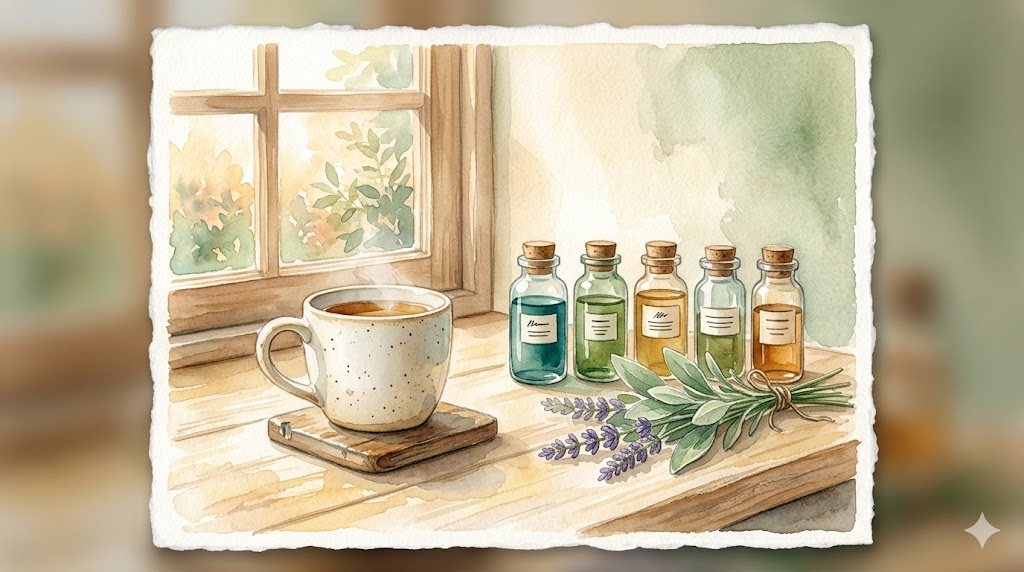 Soft watercolor painting of glass bottles and a tea cup on a morning-lit kitchen counter with botanical sprigs, representing calm and informed medication management for bipolar disorder