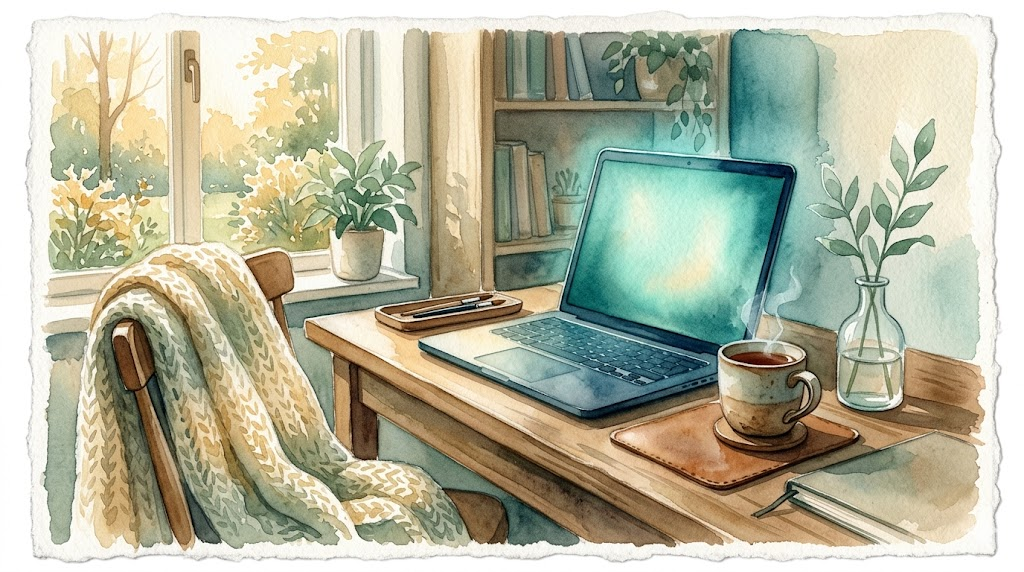 Soft watercolor of a cozy home desk with laptop glowing teal, tea and sage stem, representing finding a bipolar specialist through telehealth