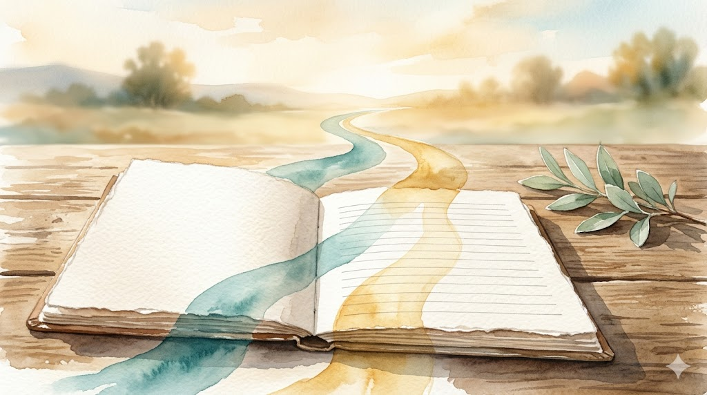 Soft watercolor painting of an open notebook on a sunlit table with two converging paths in teal and gold, representing CBT as structured clarity for bipolar disorder