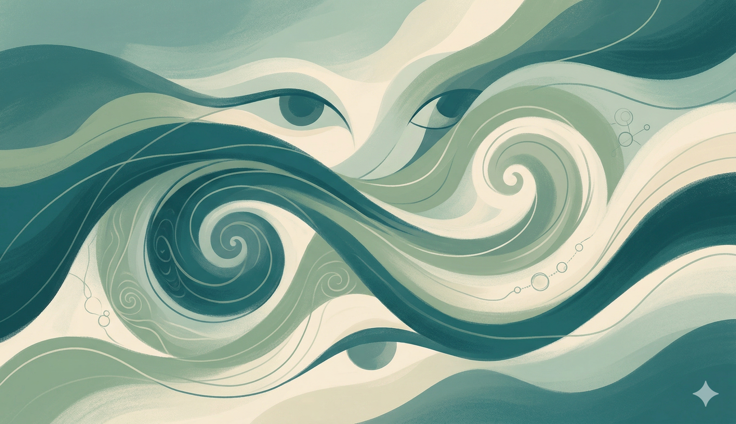 Abstract teal and sage illustration representing duality and complexity in mixed bipolar episodes — two forces present simultaneously, contemplative and witnessing