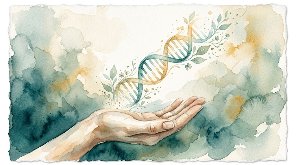 Soft watercolor painting of a translucent DNA helix in teal and gold dissolving into botanical leaves, representing precision medicine for bipolar disorder