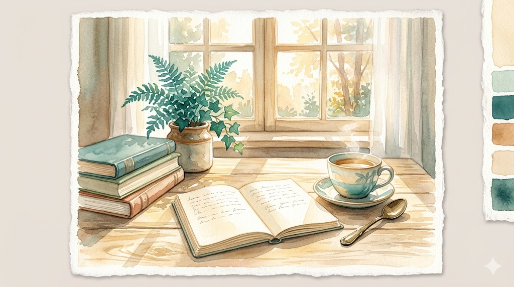 Soft watercolor of a sunlit table with notebook, tea, and books in teal and warm gold tones, representing psychoeducation as grounded understanding for bipolar disorder