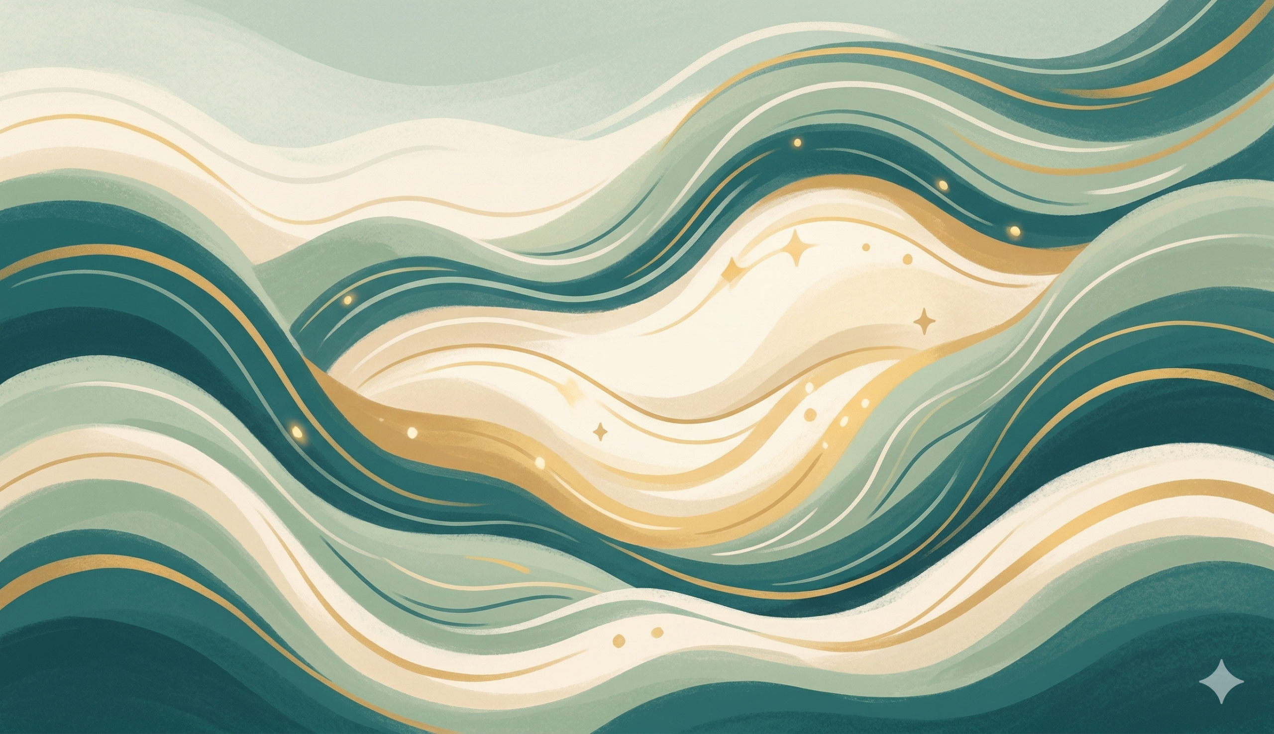 Abstract teal and gold waves representing stabilized cycling patterns in bipolar disorder — contemplative, calming editorial illustration