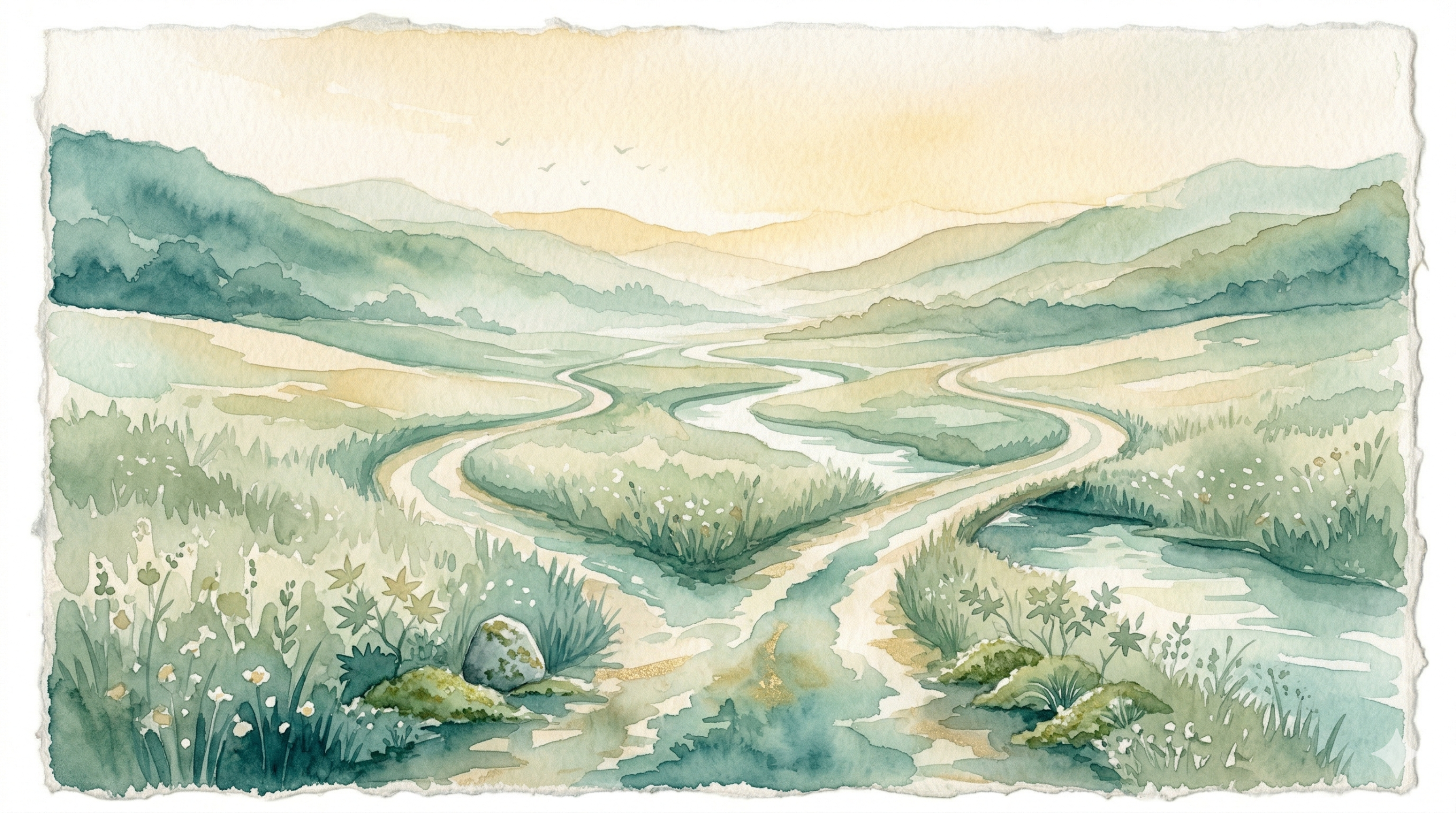 Japanese watercolor painting of two parallel paths diverging through a calm landscape - Sway Health bipolar 1 vs bipolar 2