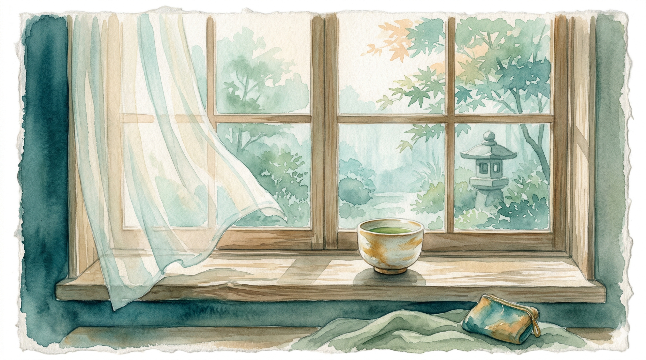 Japanese watercolor painting of a quiet window alcove with a teacup in morning light - Sway Health bipolar depression