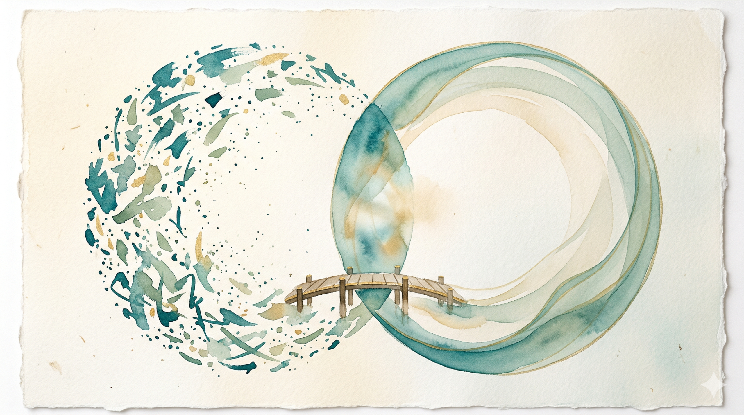 Japanese watercolor painting of two overlapping circles connected by a small bridge, representing the intersection of bipolar disorder and ADHD