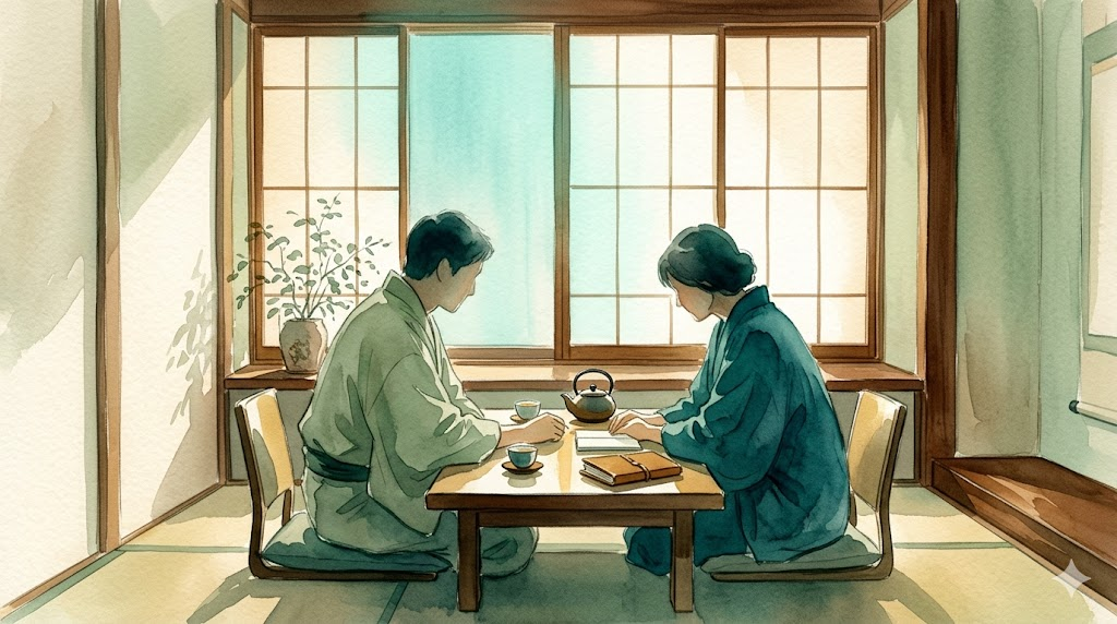 Japanese watercolor illustration of two people sitting together by a window with soft teal light, representing connection and understanding in bipolar relationships