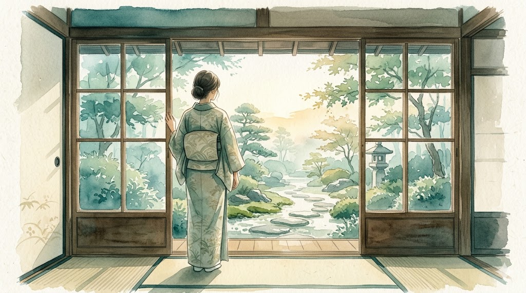 Japanese watercolor illustration of a woman seen from behind, standing at a window looking out at a peaceful garden in morning light, representing quiet recognition and clarity in understanding bipolar disorder in women
