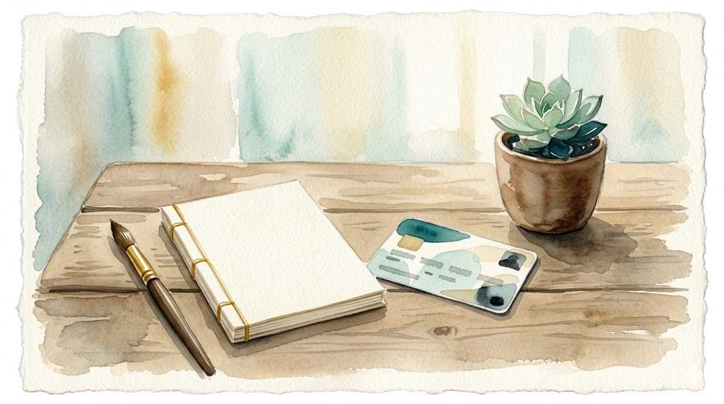 Japanese watercolor of a calm desk with notepad, insurance card, and small plant in teal and cream tones, conveying practical clarity and access to care
