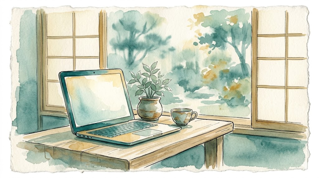 Japanese watercolor of a laptop on a desk by a window with a plant and morning light, teal and cream tones conveying quiet anticipation for a first telehealth appointment
