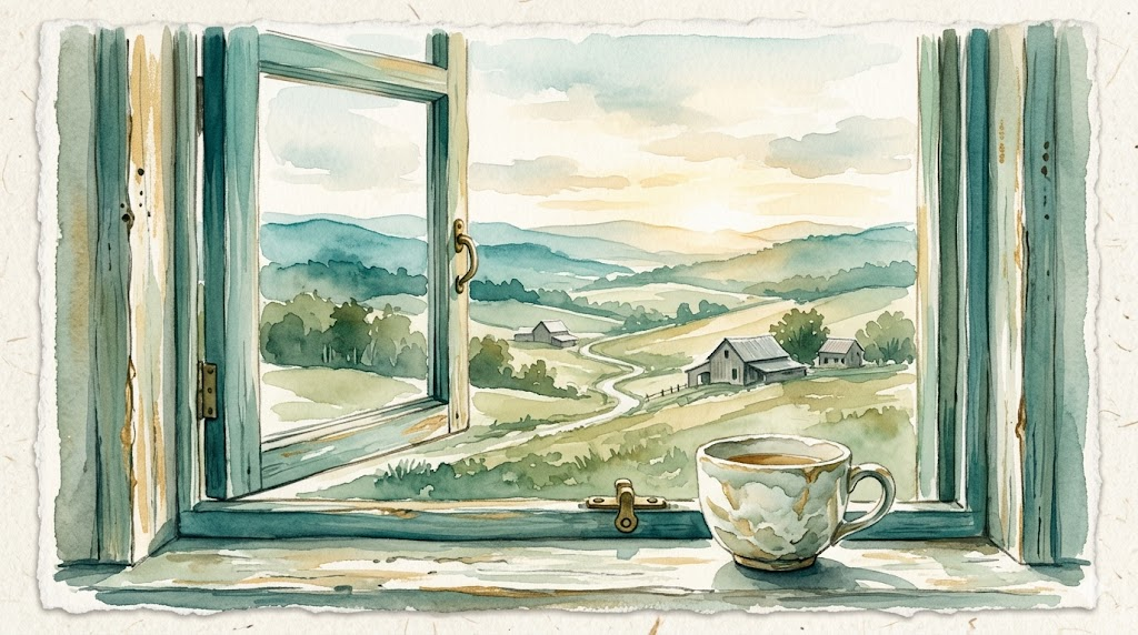 Japanese watercolor of Virginia rolling hills seen through a window with tea on the sill, teal and cream tones conveying calm access to bipolar treatment