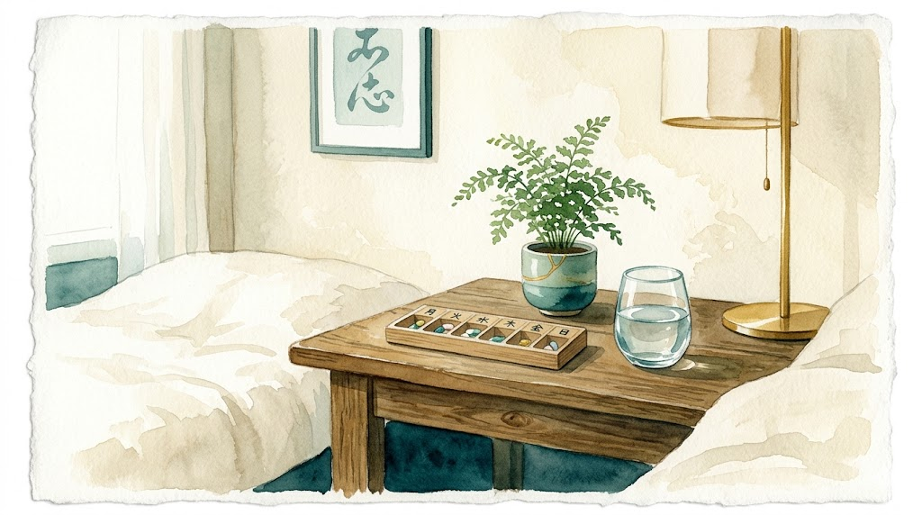 Japanese watercolor of a bedside table with pill organizer, water glass, and plant in teal and cream tones conveying calm routine and agency in bipolar medication management