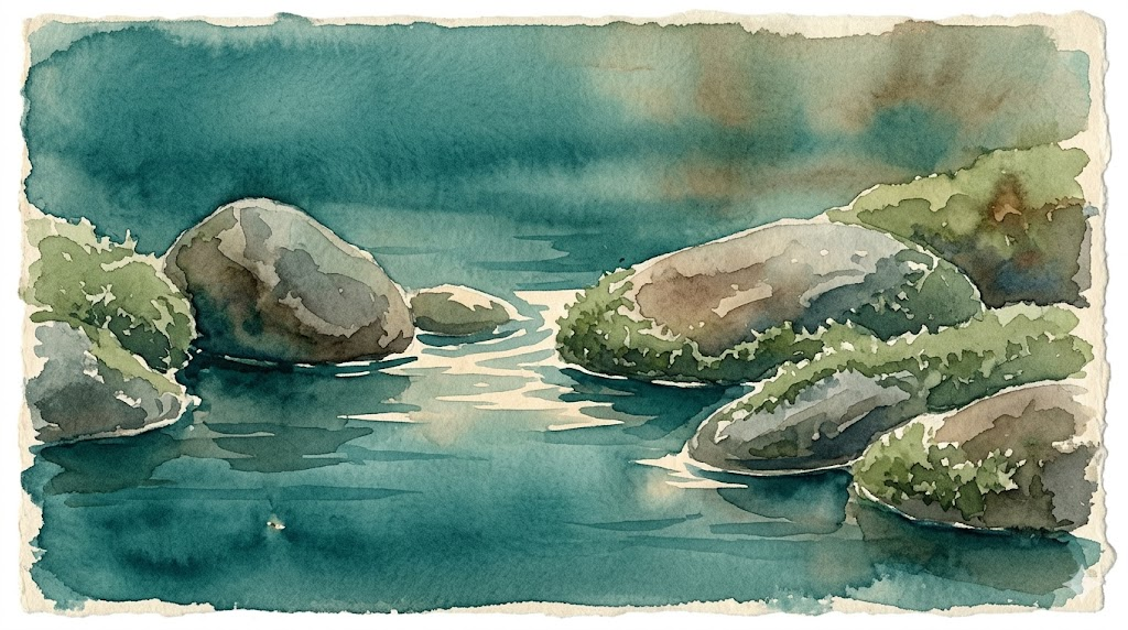 Smooth river stones in still teal water with sage green moss edges, Japanese watercolor style conveying calm clinical clarity for lamotrigine bipolar treatment