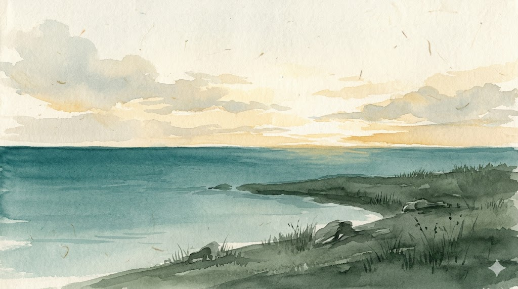 Quiet dawn horizon over calm teal sea with warm gold light breaking through, Japanese watercolor style evoking awareness and early recognition of bipolar episode warning signs