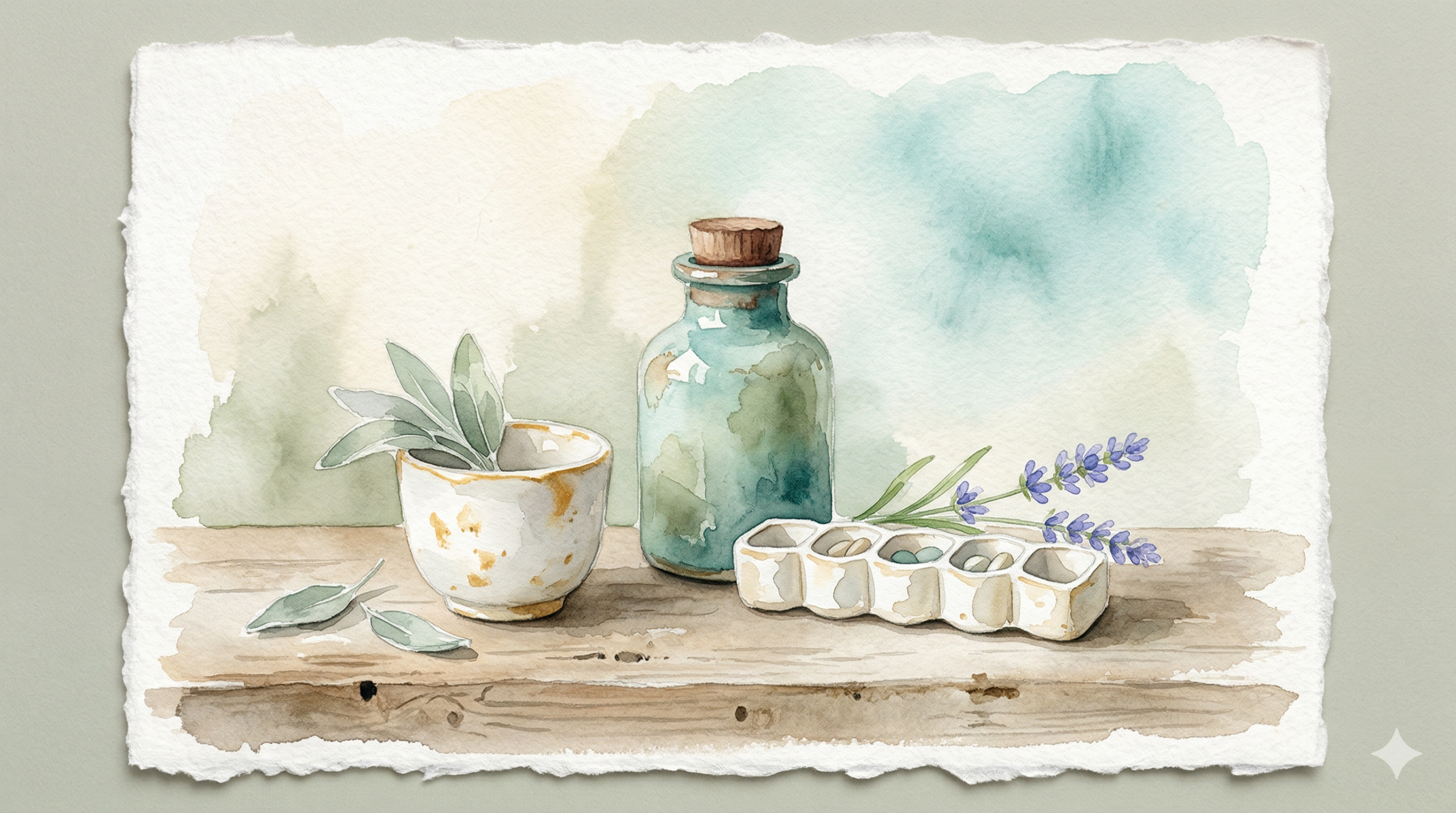 A softly rendered medication still life representing quetiapine bipolar treatment
