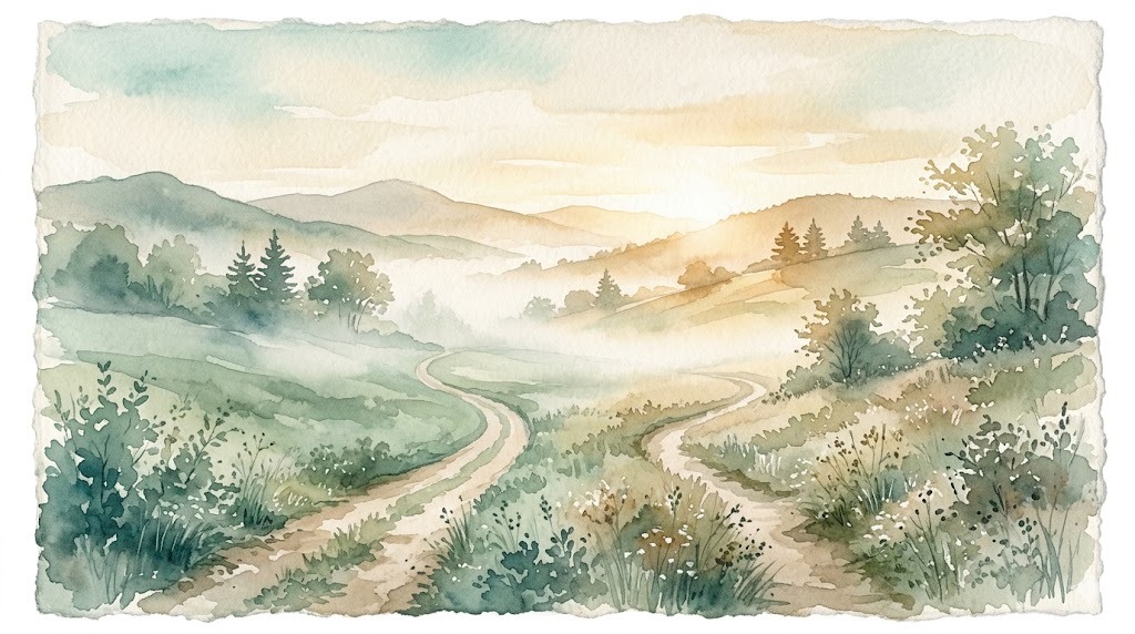 Two paths diverging in a calm landscape at dawn with morning mist, rendered in soft watercolor tones of teal and warm gold