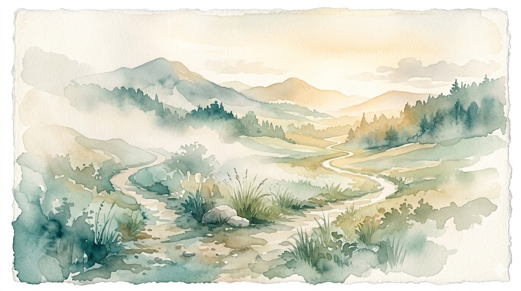 A single path forking into two clearer trails as morning fog lifts over soft hills, rendered in watercolor tones of teal, sage green, and warm gold