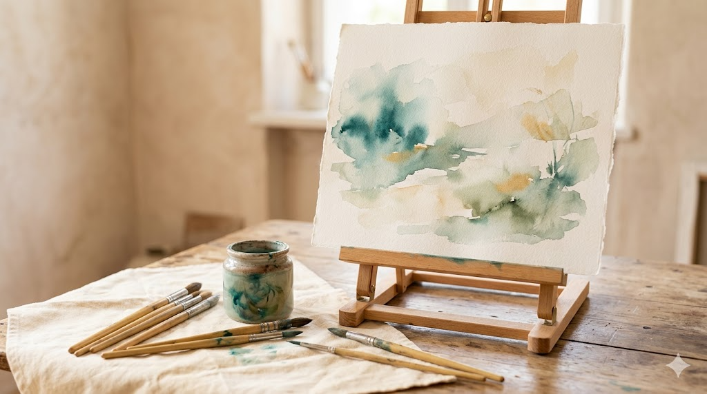 Paint brushes and half-finished canvas in warm morning light — bipolar disorder and creativity