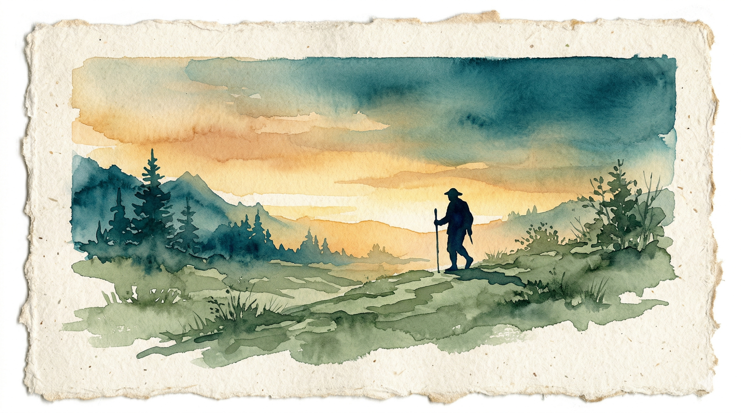 Warm watercolor of a silhouetted figure walking against a dawn sky, representing the connection between exercise and bipolar disorder management