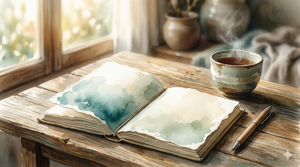Open journal on wooden table in soft morning light with ceramic cup — bipolar disorder and memory