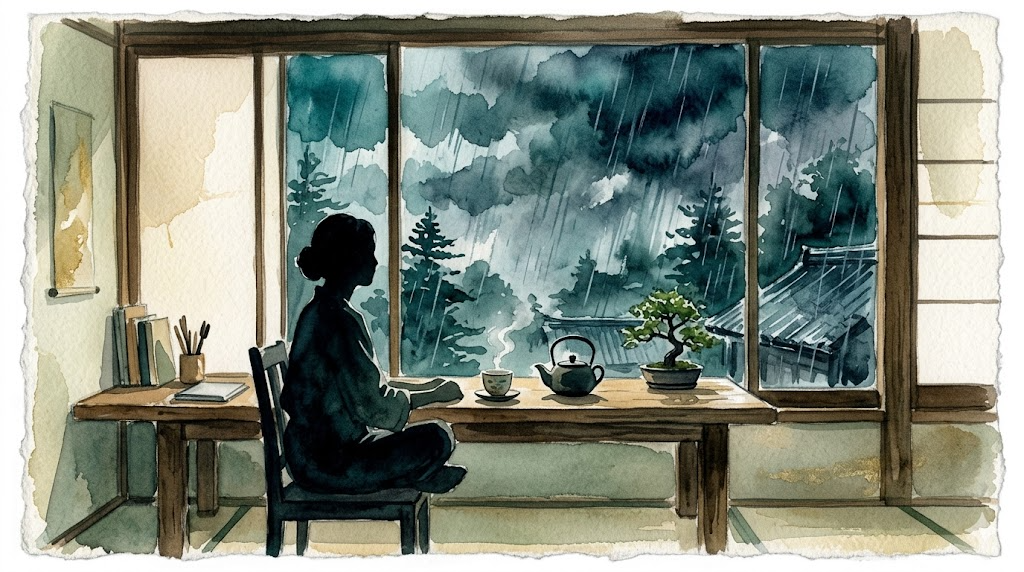 Person sitting calmly at desk near rainy window — bipolar disorder and stress management