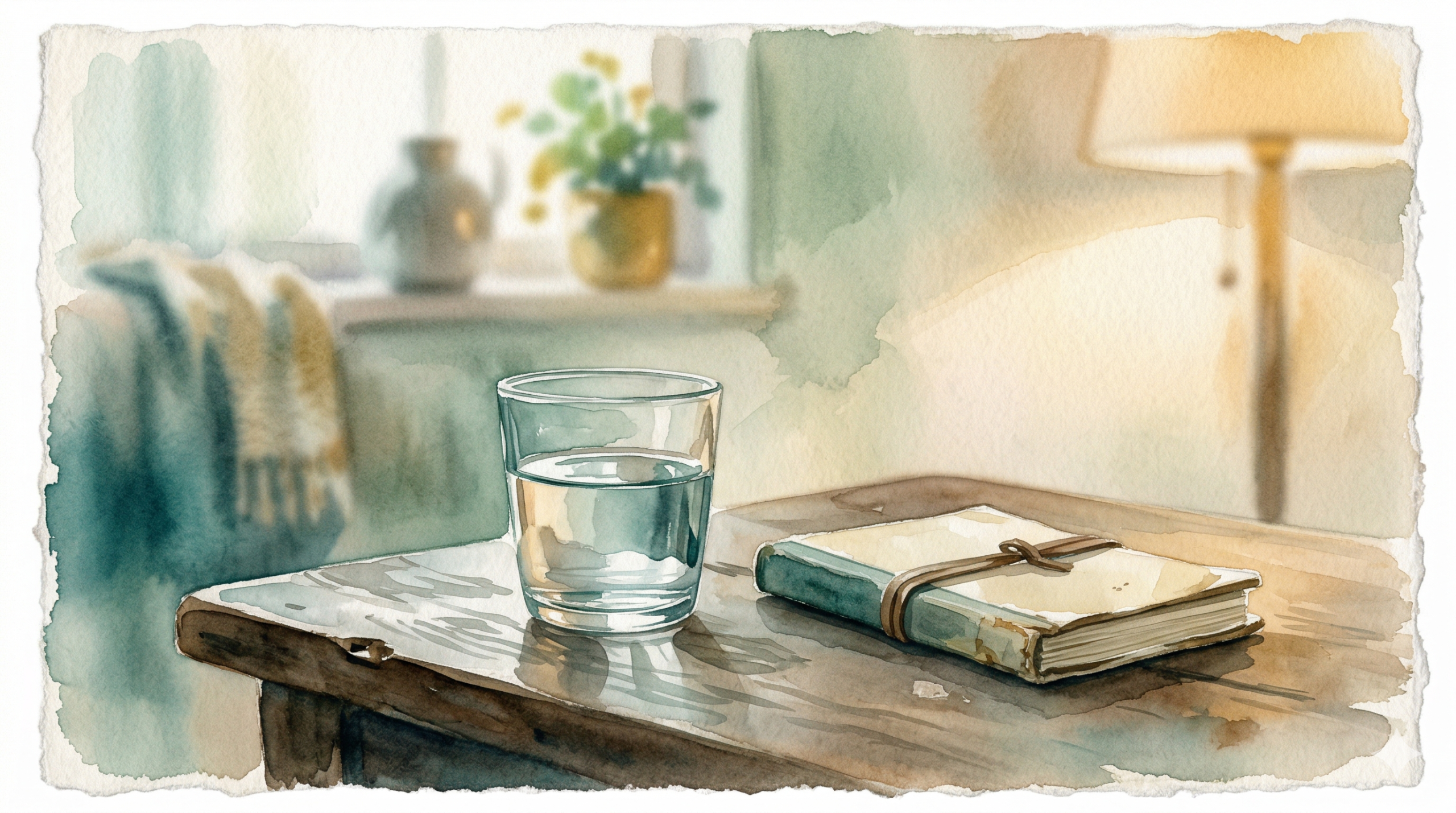 A quiet table with water glass and notebook in warm lamp light, representing contemplation and groundedness in bipolar disorder and alcohol choices