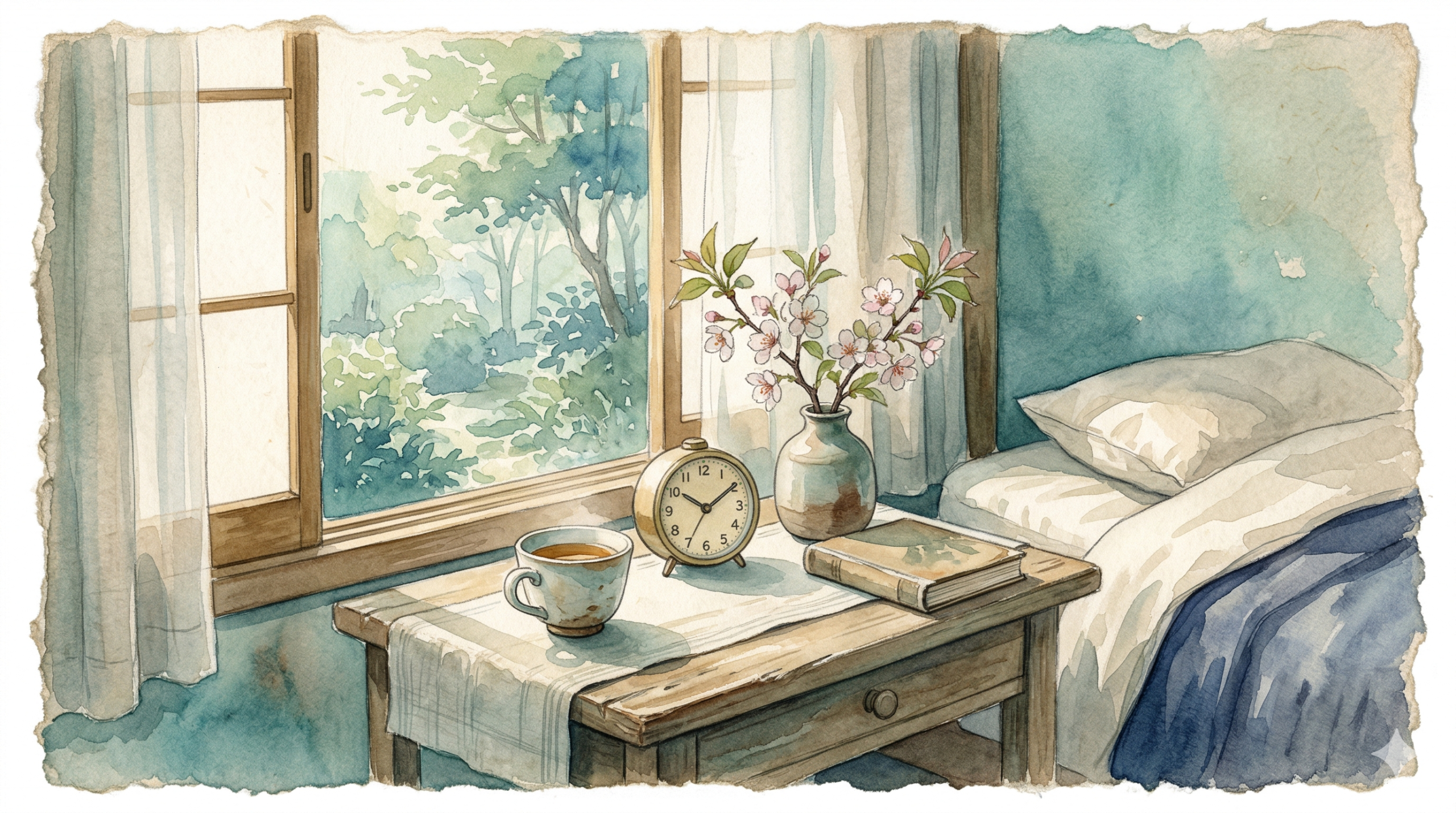 A gentle morning routine scene with alarm clock, tea, and window light representing social rhythm therapy and daily bipolar stability