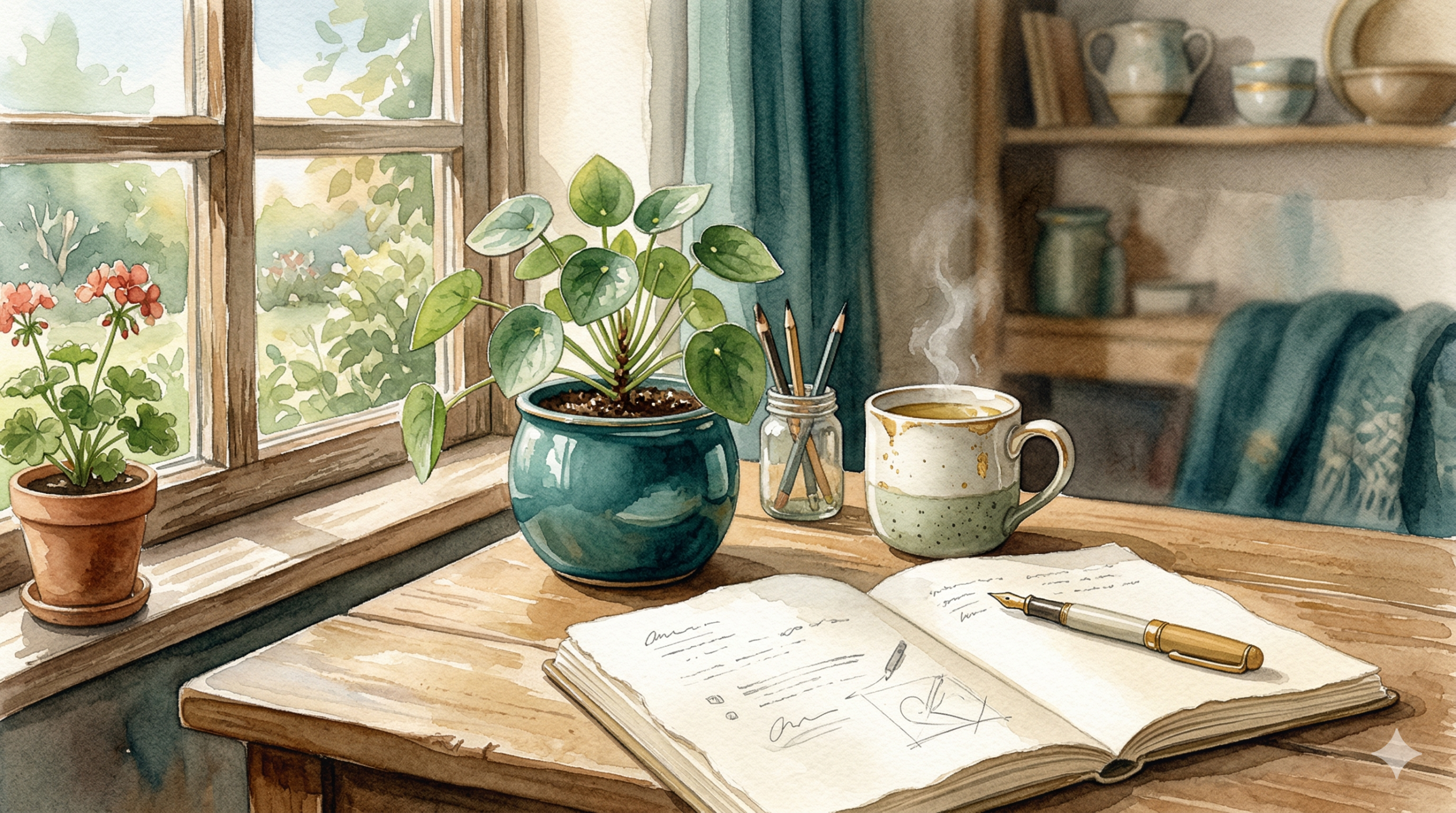 Calm watercolor desk scene with notepad, plant, and tea beside a sunny window — representing clarity about Medicaid bipolar treatment coverage