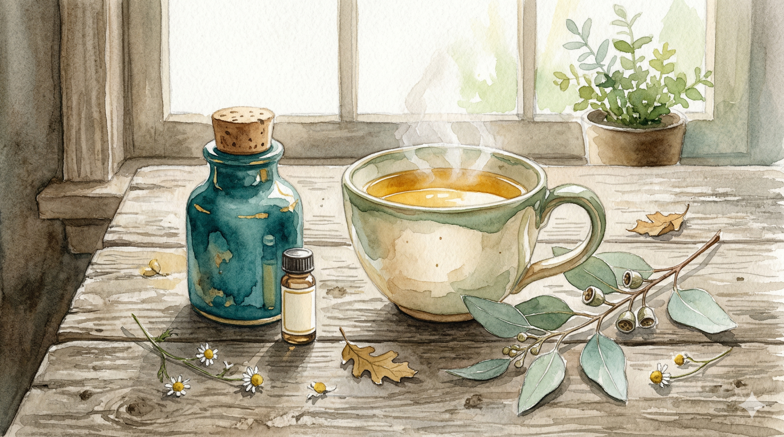 Watercolor still life of a teal medicine bottle beside a steaming cup of tea with eucalyptus sprigs — representing thoughtful bipolar medication management with aripiprazole