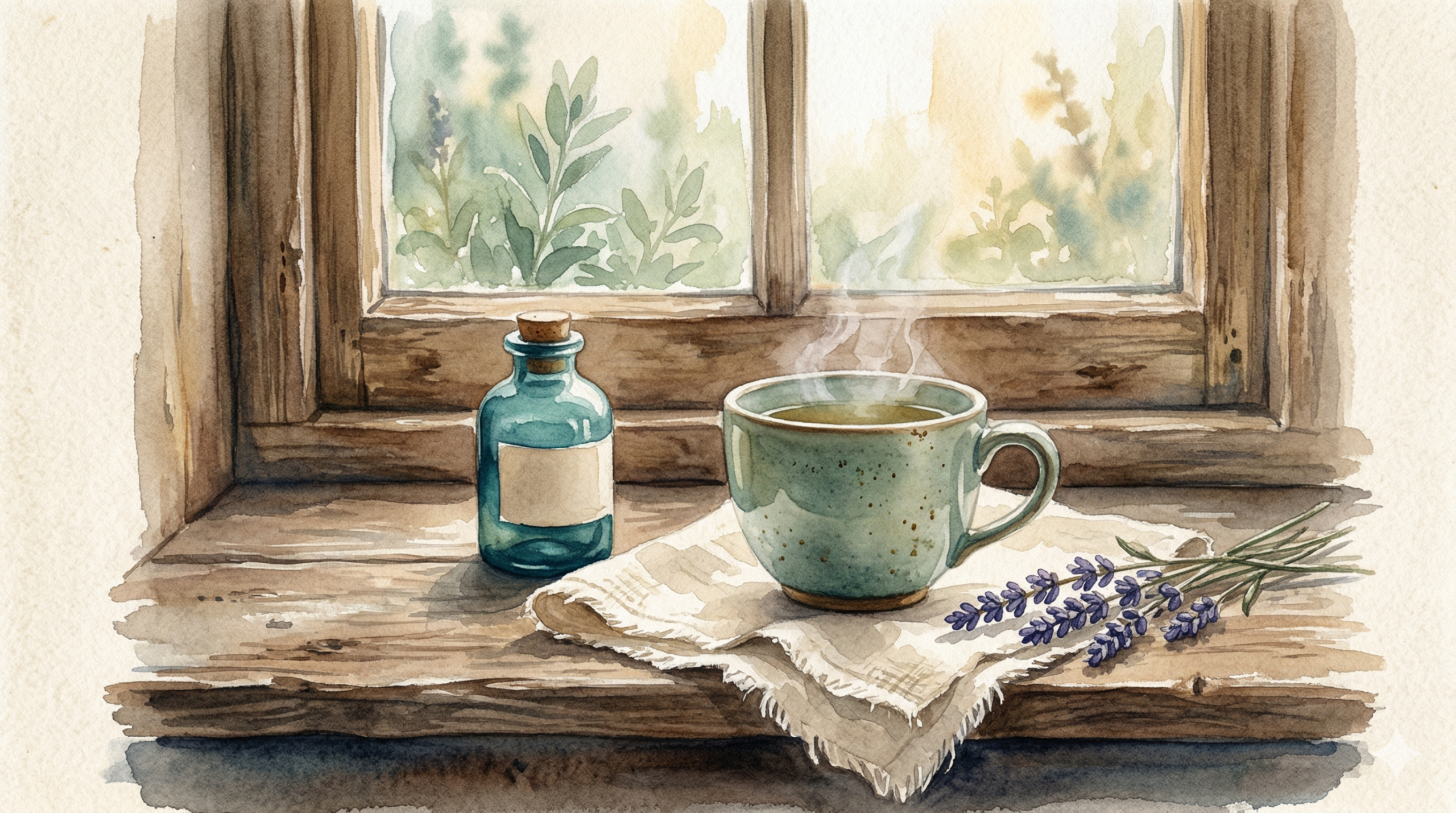 Warm watercolor of a teal medicine bottle beside a steaming cup of tea in soft morning light — representing gentle, informed care for bipolar depression