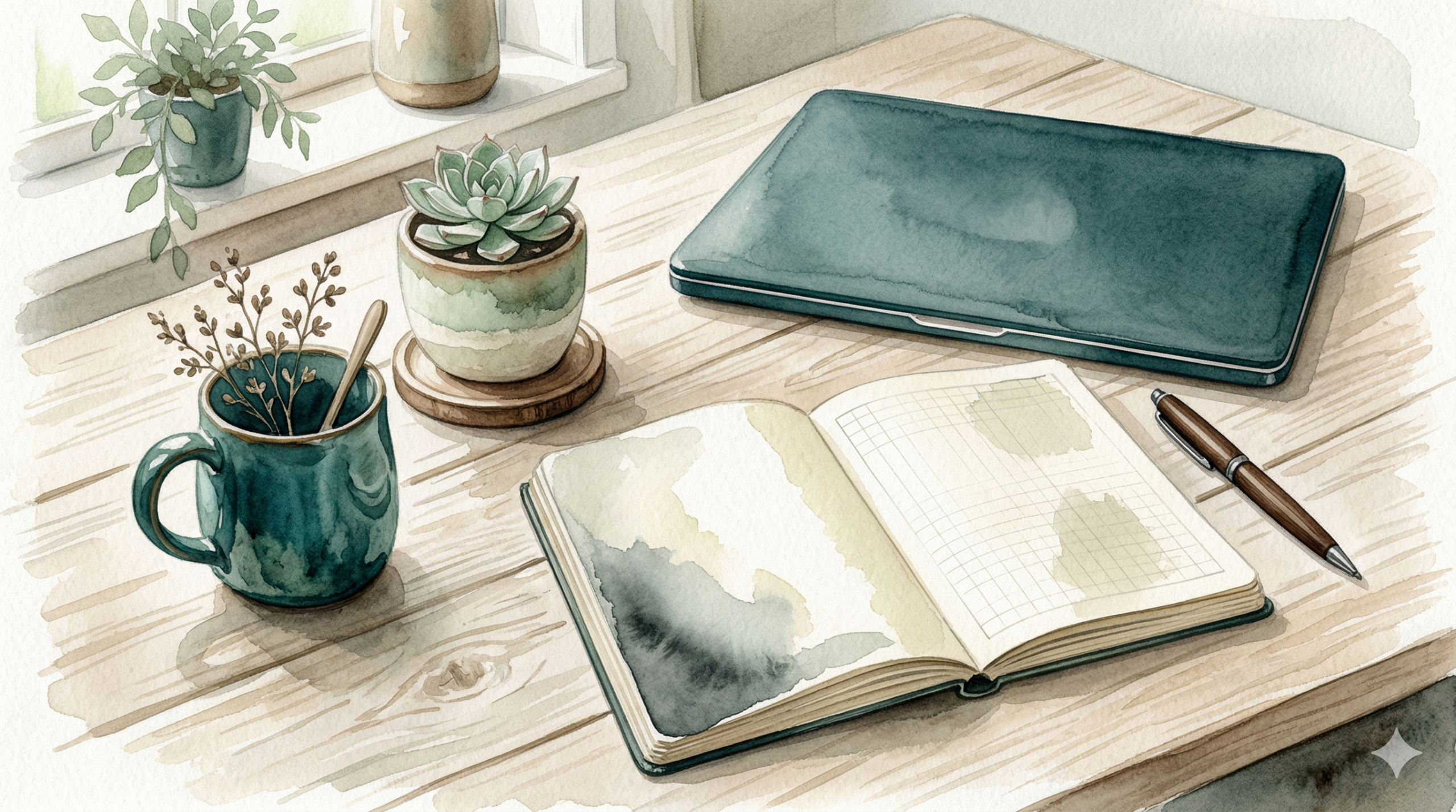 Watercolor illustration of a calm, organized workspace with teal accents and natural light — representing quiet focus and career agency with bipolar disorder