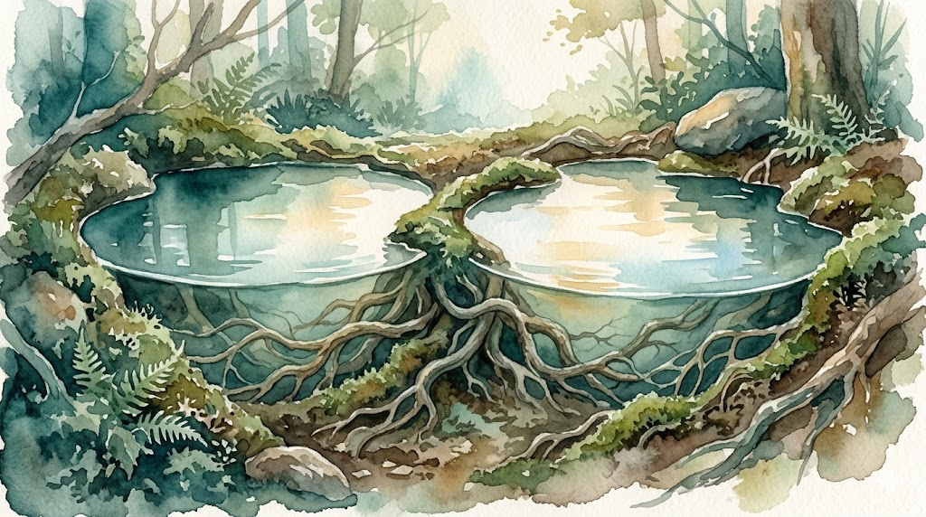 Watercolor illustration of two calm still pools with intertwined roots beneath the surface — representing the connection between bipolar disorder and anxiety, teal and sage tones
