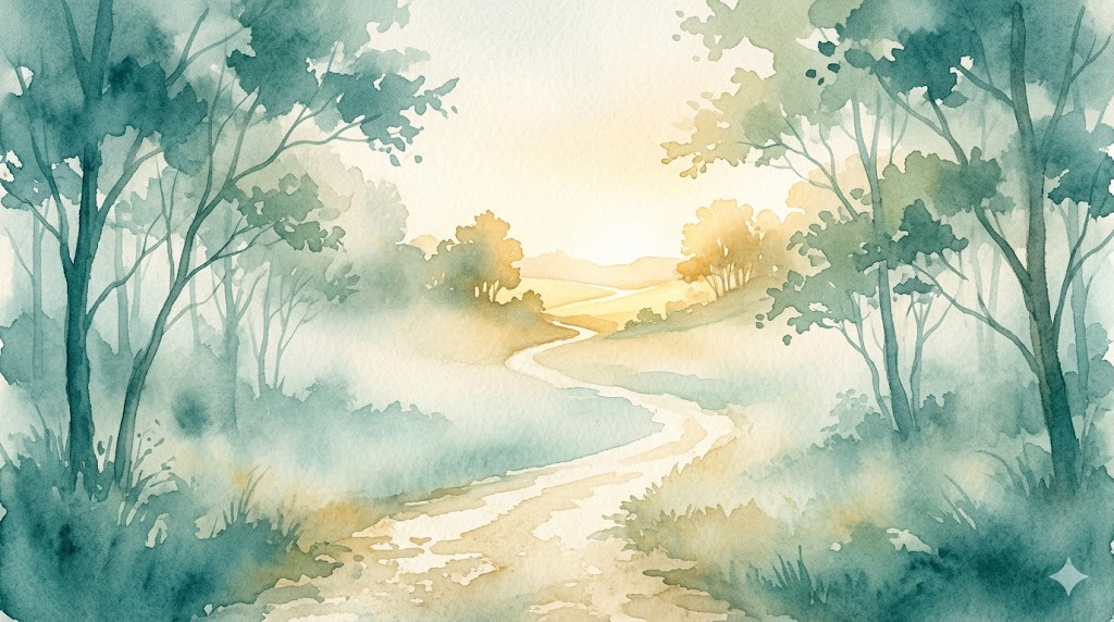 Watercolor illustration of a winding path through morning mist clearing to warm light — representing passage through a bipolar episode toward resolution, teal and gold tones