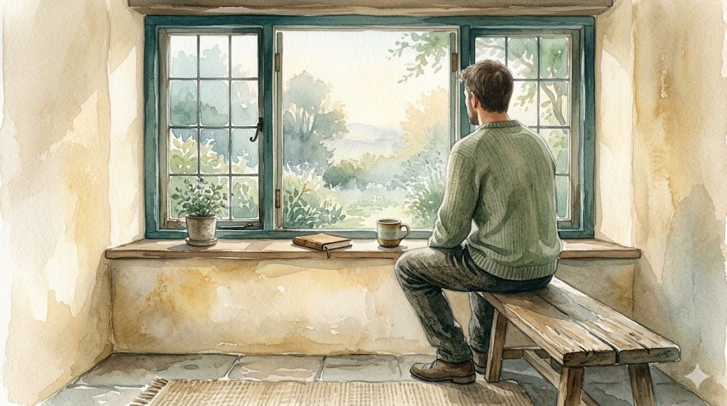 Watercolor illustration of a man sitting by a window in contemplative morning light — representing the quiet, often unrecognized experience of bipolar disorder in men