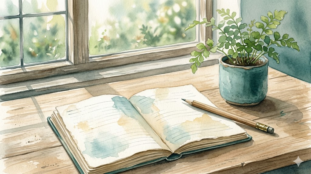 Watercolor illustration of an open journal on a desk with pencil and plant in soft morning light — representing calm, intentional mood tracking for bipolar disorder