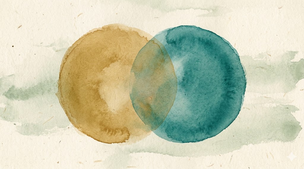 Abstract watercolor illustration of two overlapping circular forms in teal and gold, representing the intersection of bipolar disorder and ADHD