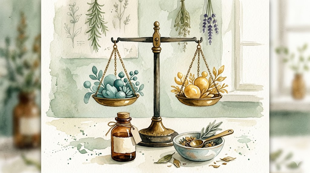 Watercolor illustration of a balance scale with teal and gold forms in equilibrium beside a medicine bottle — representing informed choices about bipolar medication and weight