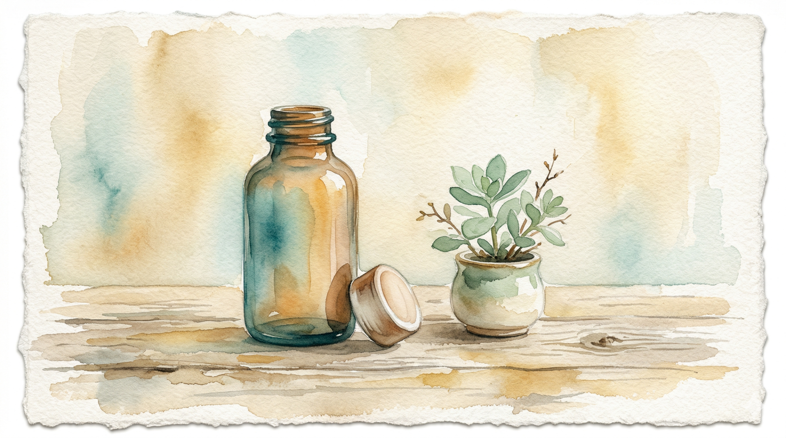 Warm watercolor of a medicine bottle and plant on a table, representing careful consideration when stopping bipolar medication
