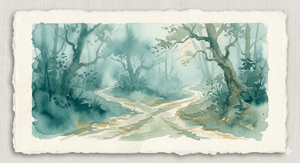 Two diverging paths through misty forest - representing hope and the choice toward recovery from substance use